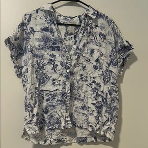 Joie 100% Linen Blue Farm Tropical Horse Vacation Patterned Blouse Size Large